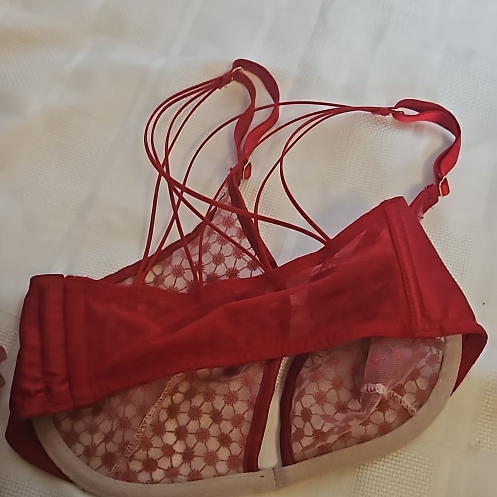 Victoria's Secret Lace Underwire Bra With Matching Underwear 32DD/ Small Red - Picture 16 of 16